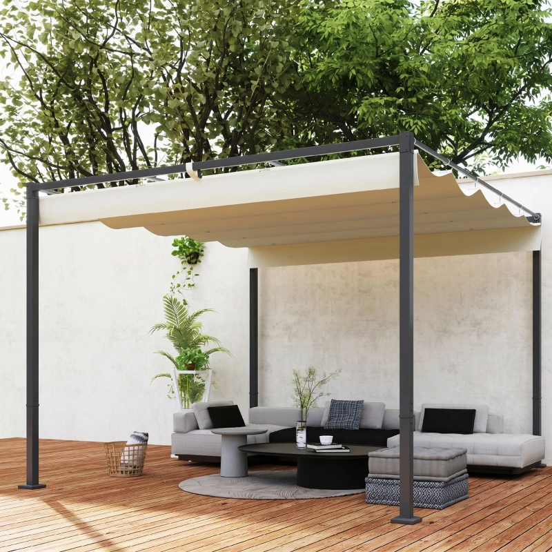 Outsunny 3 x 3 m Tuin-Pergola met Inklapbaar Dak, Paviljoen, Baldakijn voor Schaduw, UPF30+, Beige