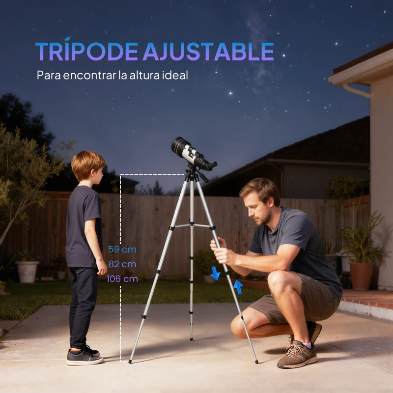 Outsunny Telescopio Refractor Astronómico para Adultos y Principiantes Apertura 70 mm con Lente Barlow Trípode Ajustable Blanco