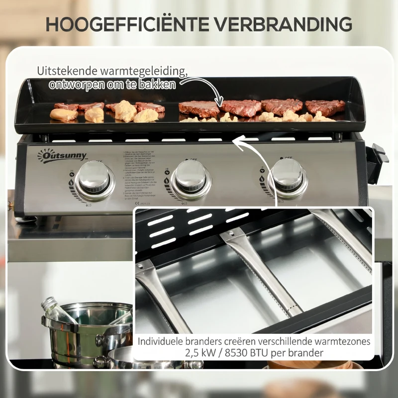 Outsunny Gasbarbecue met Deksel, 3 Branders, Vetopvangbakje, antikleef-plaat, 63x47x25 cm, Zwart/Zilver