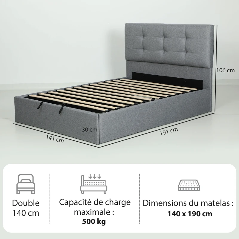 HOMCOM Lit coffre 140x190, cadre de lit double rembourré avec sommier à lattes en bois et rangement cach, sans matelas, gris
