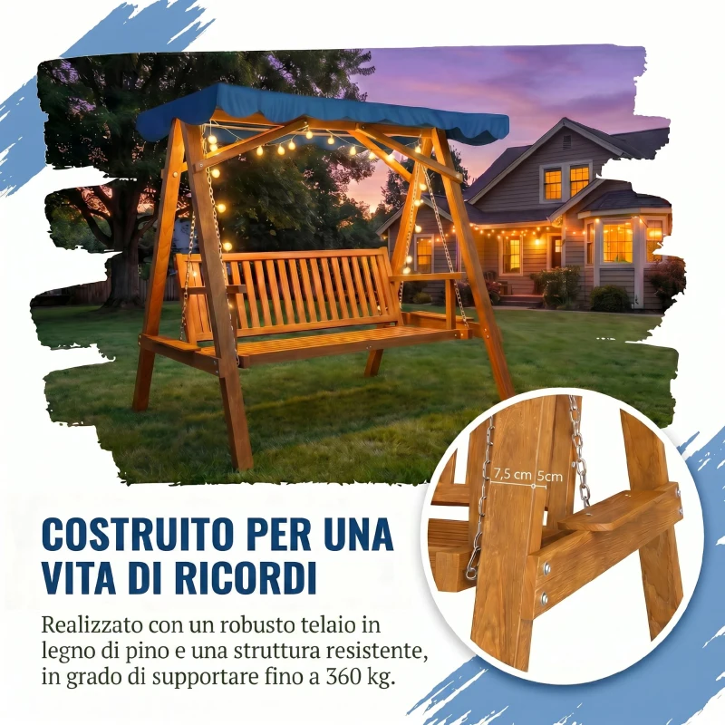 Outsunny Dondolo da Giardino 3 Posti in Legno con Baldacchino 205x133x186cm