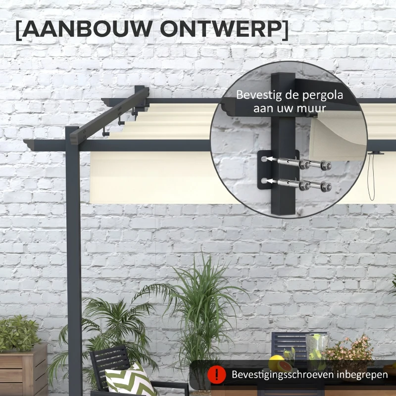 Outsunny Tuinpaviljoen 3 x 3m, uitschuifbaar dak, wandmontage, metalen frame, crèmewit