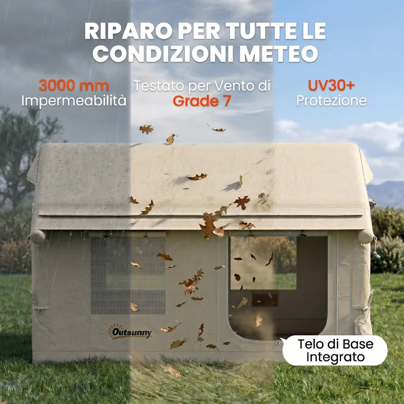 Outsunny Tenda da Campeggio Gonfiabile con Pompa, Impermeabile 3000mm e Antivento, Cachi