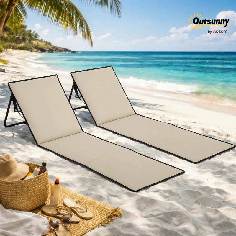Outsunny Conjunto de 2 Esterillas de Playa con Respaldo Reclinable y Correa de Transporte para Jardín Camping 142x51x40 cm Beige