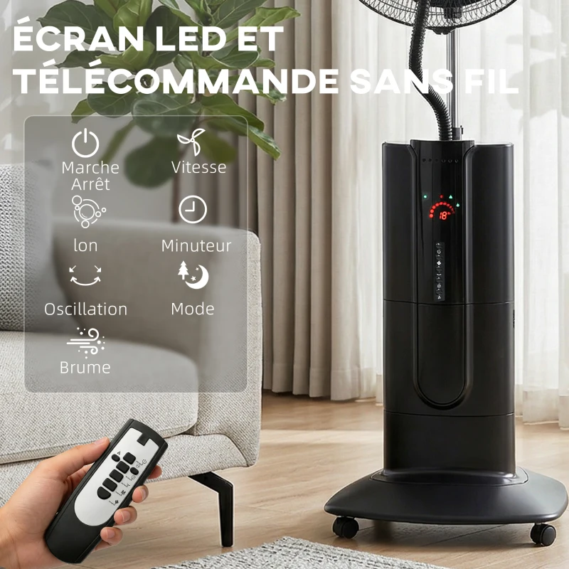 HOMCOM Ventilateur brumisateur 100 W à ionisation négative, ventilateur sur pied 130 cm, 3 vitesses, 3 modes, minuterie, noir