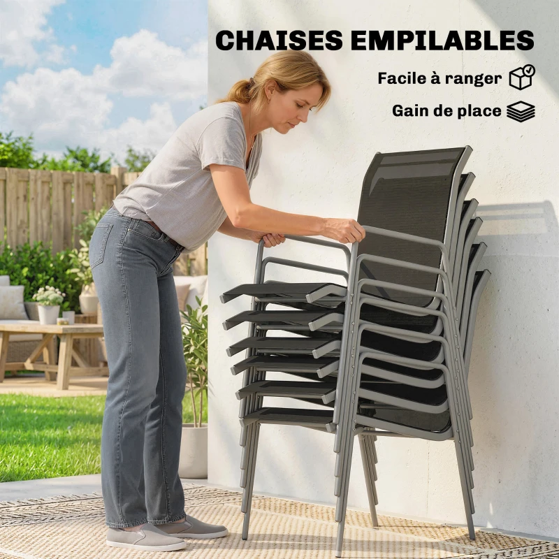 Outsunny Salon de Jardin 6 Personnes Ensemble Table et Chaises Jardin avec Chaises Empilables en Textilène 70x51x87cm Argent