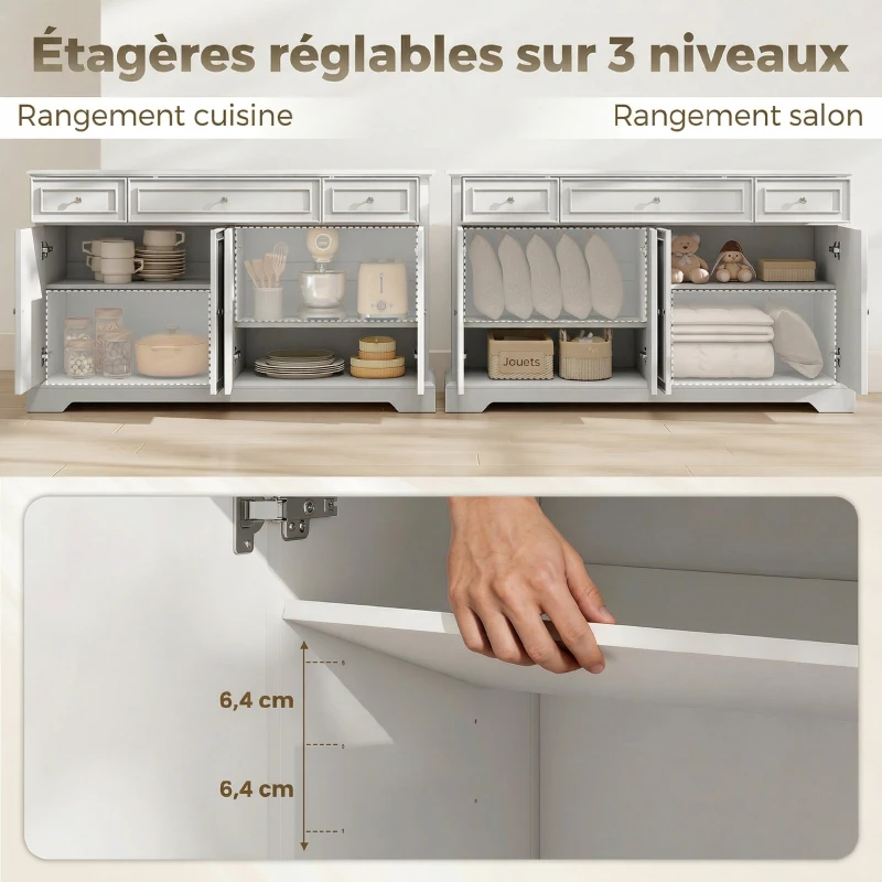 HOMCOM Buffet salon, meuble de rangement avec 3 tiroirs, 4 portes à fermeture douce et étagères réglables, blanc