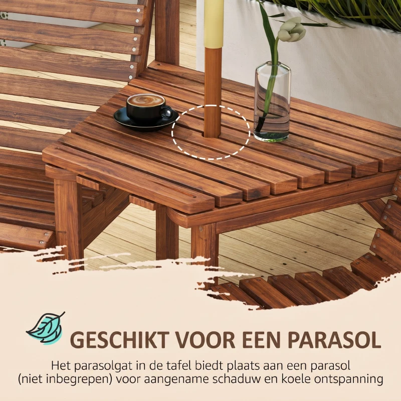 Outsunny Bistro-set 3-delig van hout, weerbestendig tuinmeubelset met lamellenontwerp en parasolgat Verkoold
