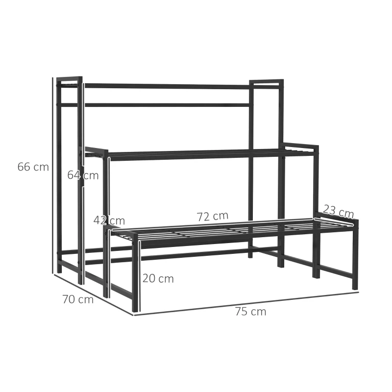 Outsunny Étagère à Fleurs en métal 3 Niveaux Intérieur et Extérieur, support de plantes en échelle, 75 x 70 x 66 cm, Noir
