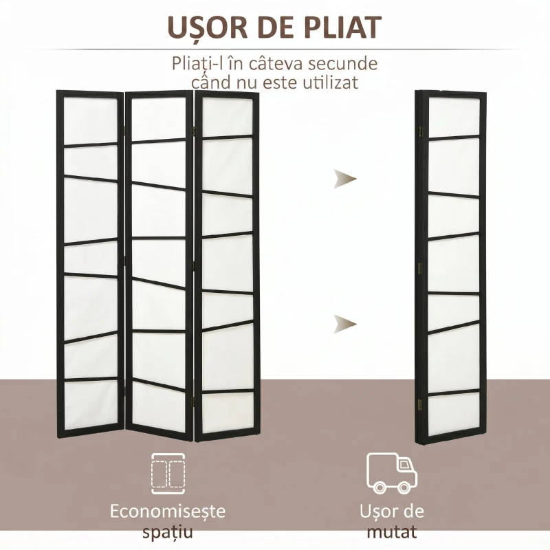 HOMCOM Paravan pliabil cu 3 panouri, din lemn, 120x170 cm, negru și alb