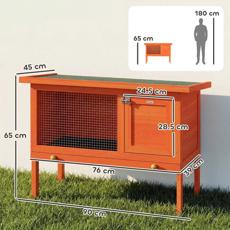 PawHut Conigliera da Esterno in Legno di Pino con Vassoio Estraibile, Tetto Apribile e Porta con Serratura, Arancione