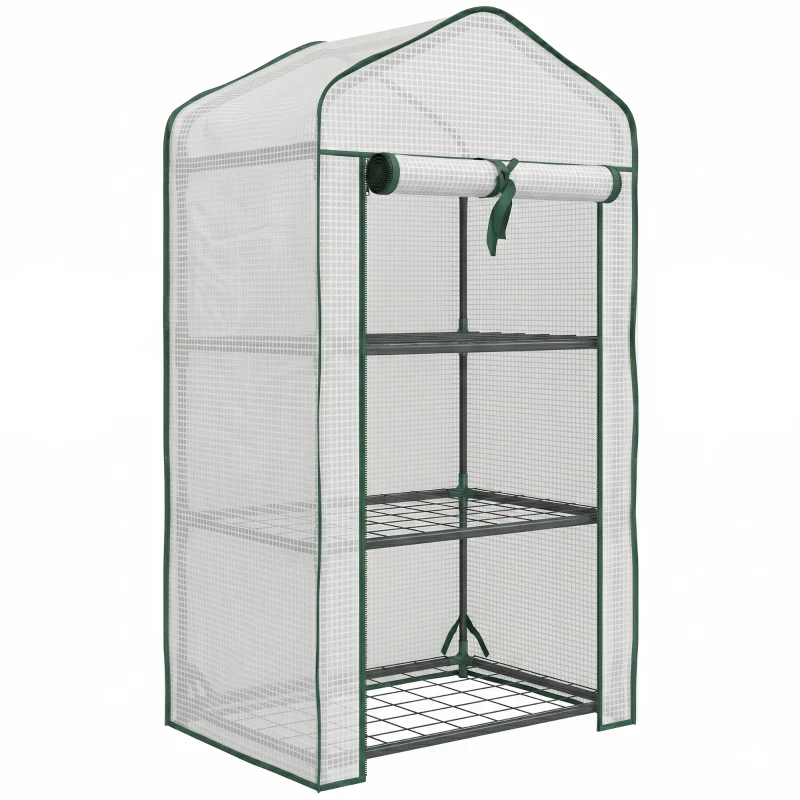 Outsunny Serre de Jardin étagère 3 Niveaux dim. 59L x 39l x 127H cm métal thermolaqué Vert PE Haute densité 140g/m² Blanc