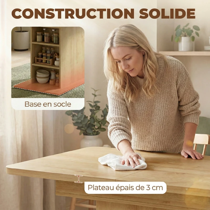 HOMCOM Table à manger extensible rectangle pour 4 à 6 personnes, table de cuisine 110-130 cm, 6 étagères ouvertes, bois naturel
