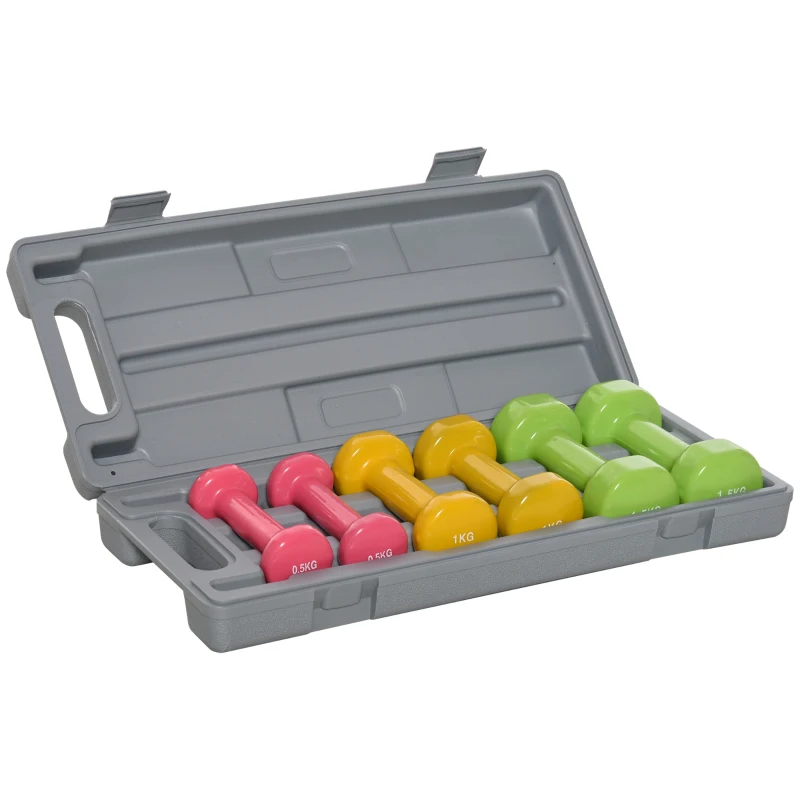 HOMCOM Juego de 6 Mancuernas Hexagonales de 1,5kg 1kg y 0,5kg con Revestimiento de Neopreno con Maletín 43x18x7,5 cm Multicolor