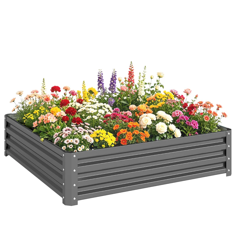 Outsunny Gartenbeet, Pflanzkasten mit Stahlgehäuse, Hellgrau, 120 x 120 x 30 cm
