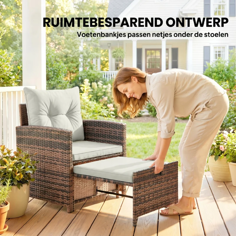 Outsunny Rattan Tuinmeubelset 5-delig Balkonmeubelset met 2 Stoelen, Kussens, Voetenbankjes, Tafel, Opbergruimte Crème