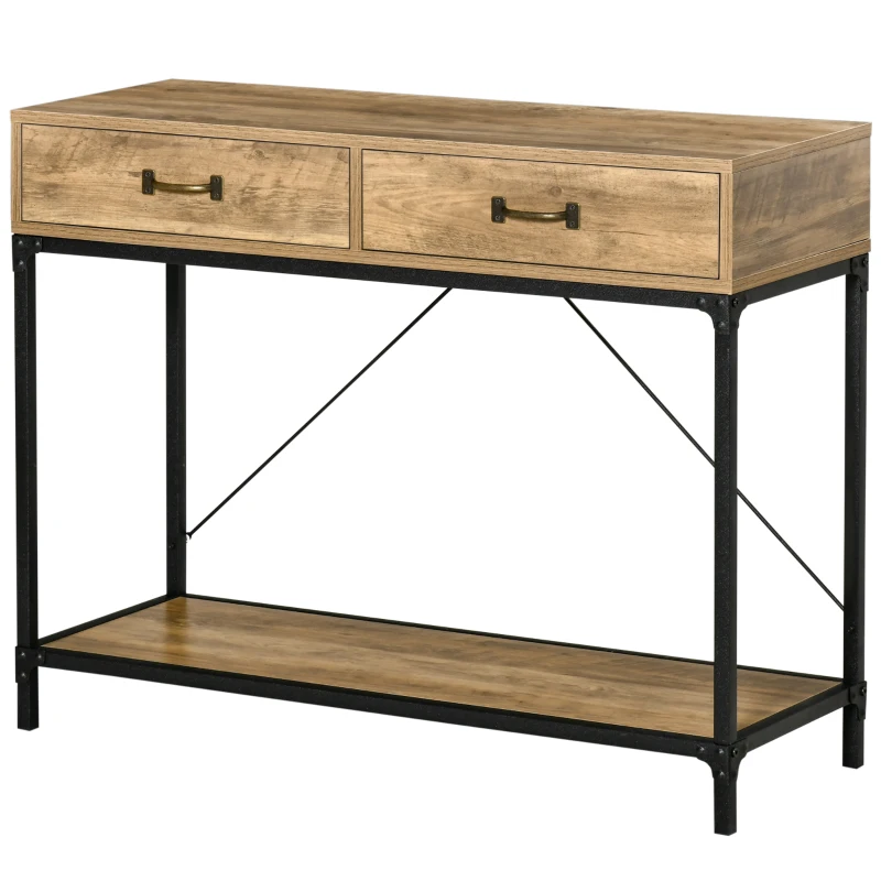 HOMCOM Table Console Table d'appoint d'entrée Industriel dim. 100L x 35l x 76H cm avec 2 tiroirs et 1 plateau Aspect Bois
