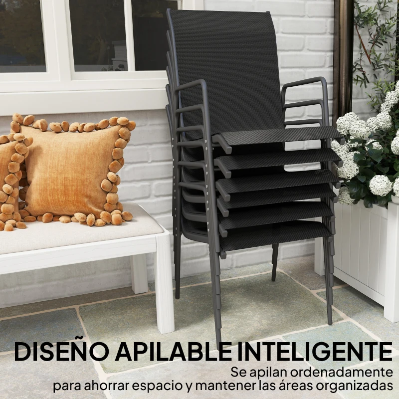 Outsunny Juego de 6 Sillas de Jardín Exterior Apilables con Reposabrazos Asiento y Respaldo de Malla Estructura de Metal Negro