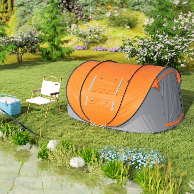 Outsunny Tenda da Campeggio Pop Up 2 Posti con 2 Porte, 4 Finestre e Telo Impermeabile, 263.5x220x123 cm, Arancione