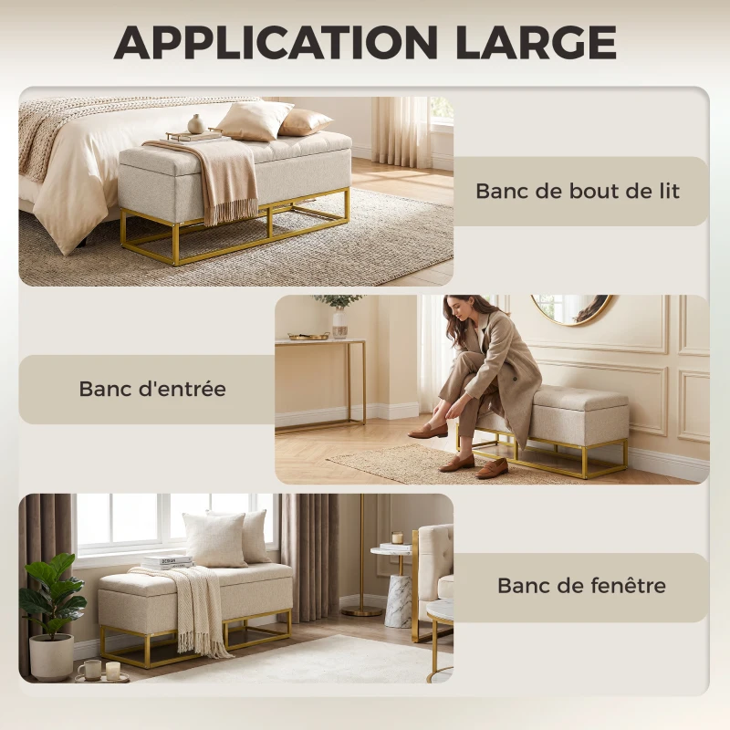 HOMCOM Banc banquette coffre de rangement 2 en 1 assise capitonnée et pieds acier 110 x 44 x 48 cm beige et doré