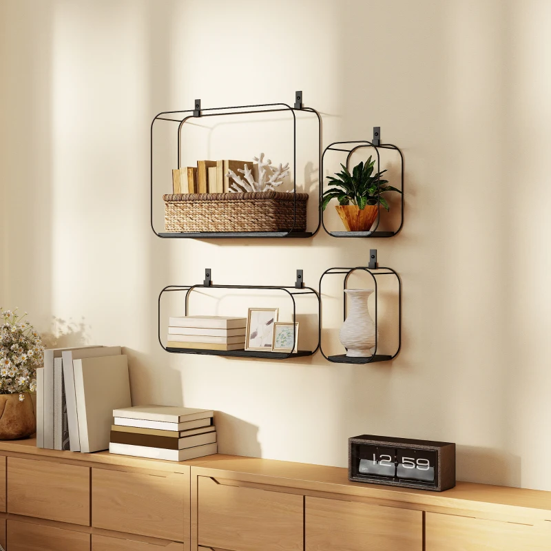 HOMCOM Lot de 4 étagères murales industrielles, étagères flottantes géométriques en métal, pour salon, chambre et bureau, noir