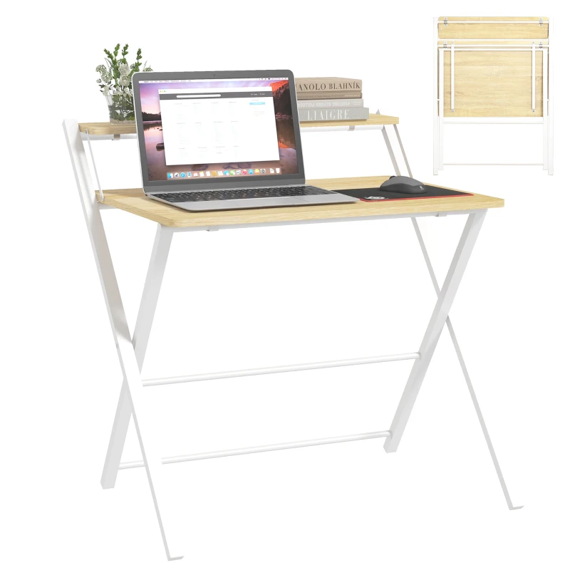 HOMCOM Mesa de Estudio Plegable con Estante Superior Estilo Moderno para Sala Oficina Dormitorio 81,5x70x84 cm Natural y Blanco