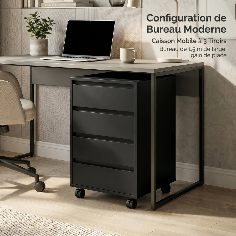 HOMCOM Cassettiera da Ufficio con Ruote e 4 Cassetti Scorrevoli, Effetto Legno, Nero