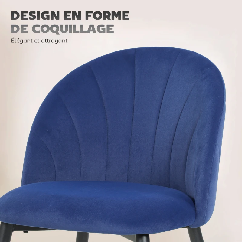 HOMCOM Lot de 2 chaises de salle à manger, chaises de cuisine rembourrées sans accoudoirs, pieds en acier, 52x55x79cm, bleu