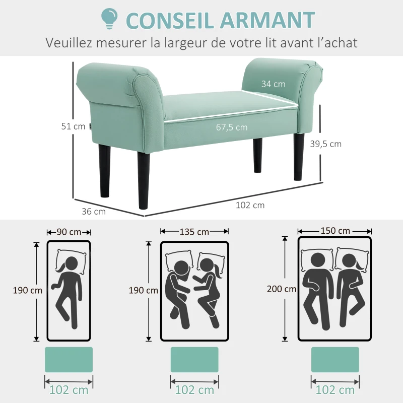 HOMCOM Banc Entrée Bout de Lit Rembourré pour Chambre à Coucher, Tissu à Voile, vert, 102 x 36 x 51 cm