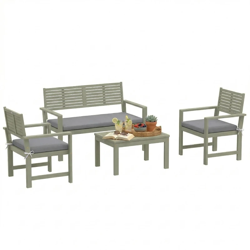 Outsunny 4 Seater Wooden Garden Furniture Set with Loveseat, Armchairs, Table, Acacia Wood Garden Sofa Set, Light Grey