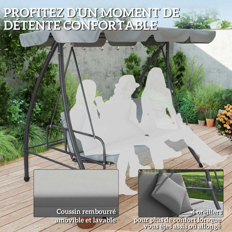 Outsunny Balancelle de Jardin Convertible 3 Places Inclinaison Toit réglable Matelas 2 x 1,25 x 1,7 m métal Polyester Gris clair