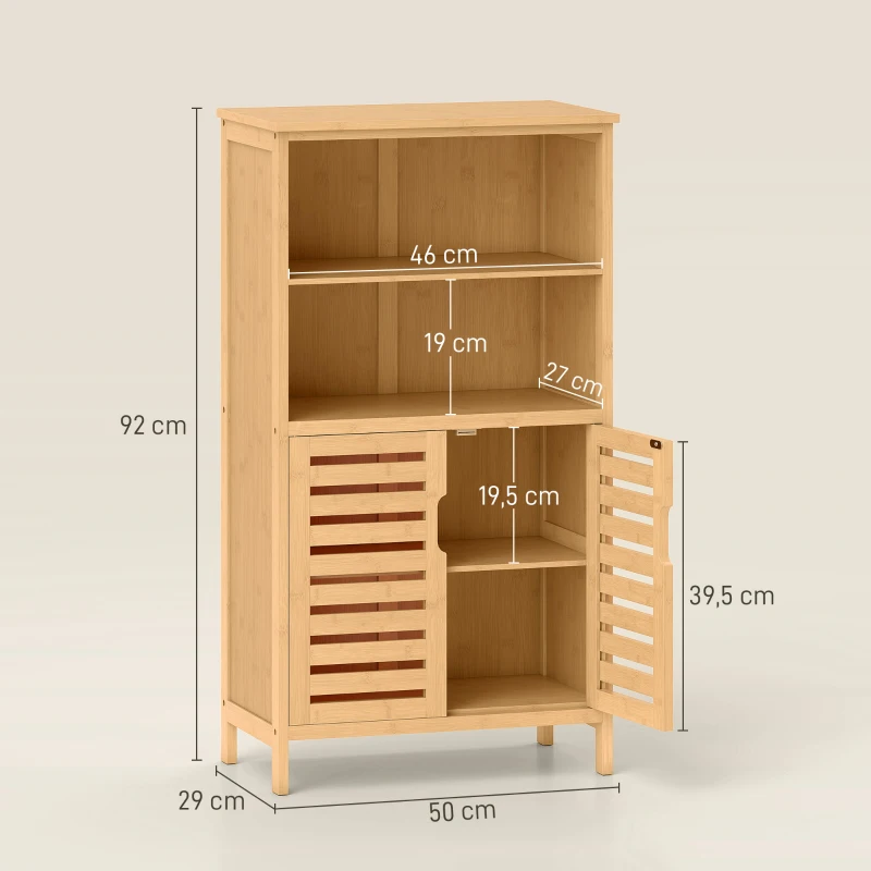 kleankin Meuble de rangement salle de bain en bambou avec 2 portes ajourées et 2 compartiments 50 x 29 x 92 cm naturel