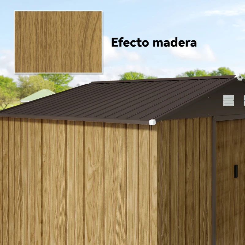 Outsunny Cobertizo de Jardín Exterior 4,9 m² 277x195x192 cm con Puerta Corredera Ventilación y Kit de Fundación Marrón