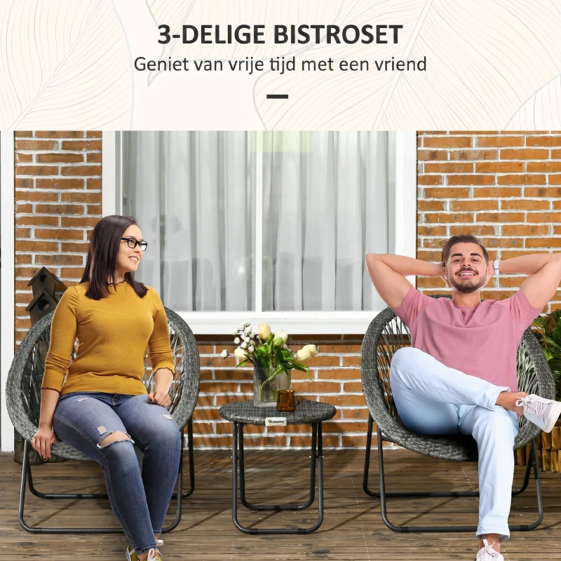 Outsunny Tuinmeubelset, 3-delig, rotanlook, 2 stoelen, 1 tafel, inklapbaar, Grijs