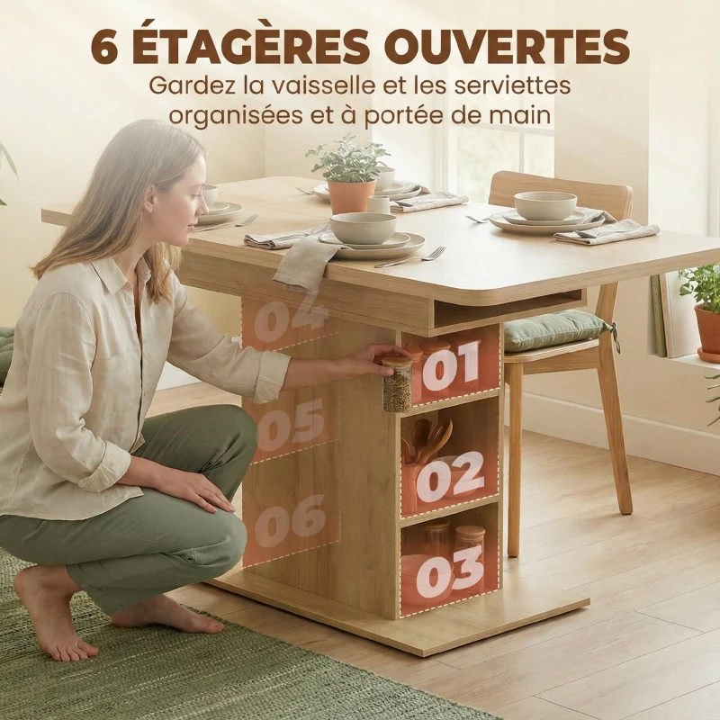 HOMCOM Table à manger extensible rectangle pour 4 à 6 personnes, table de cuisine 110-130 cm, 6 étagères ouvertes, bois naturel