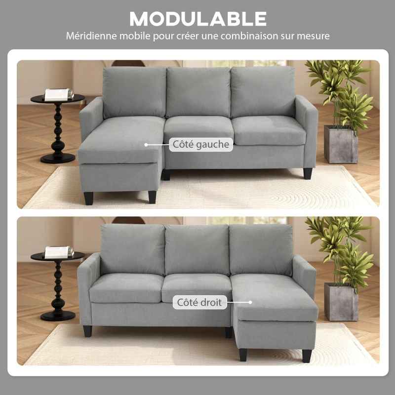 HOMCOM Canapé d'angle canapé 3 places avec méridienne réversible gauche ou droite pour salon, bureau, appartement, tissu polyester 197L x 139l x 91H cm gris clair
