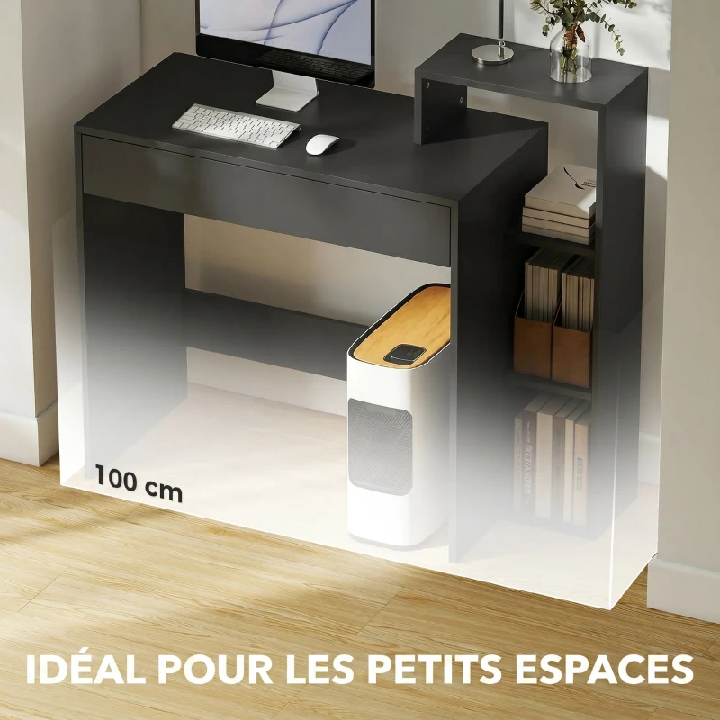 HOMCOM Bureau avec rangement, bureau d'ordinateur avec 3 étagères de rangement et tiroir, 100 x 40 x 90 cm, noir