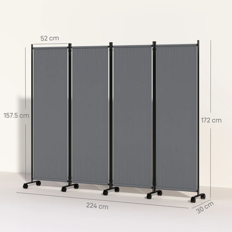 Outsunny Paravento da Esterno e Interno a 4 Pannelli Pieghevole con Ruote, 221x50x172cm, Grigio Scuro