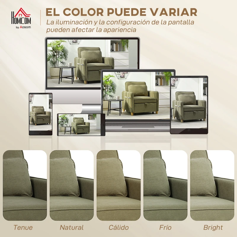HOMCOM Sillón Cama Individual 3 en 1 Sofá Cama Plegable con Respaldo Ajustable y Cojín para Salón 74x85,5x82 cm Verde Oscuro