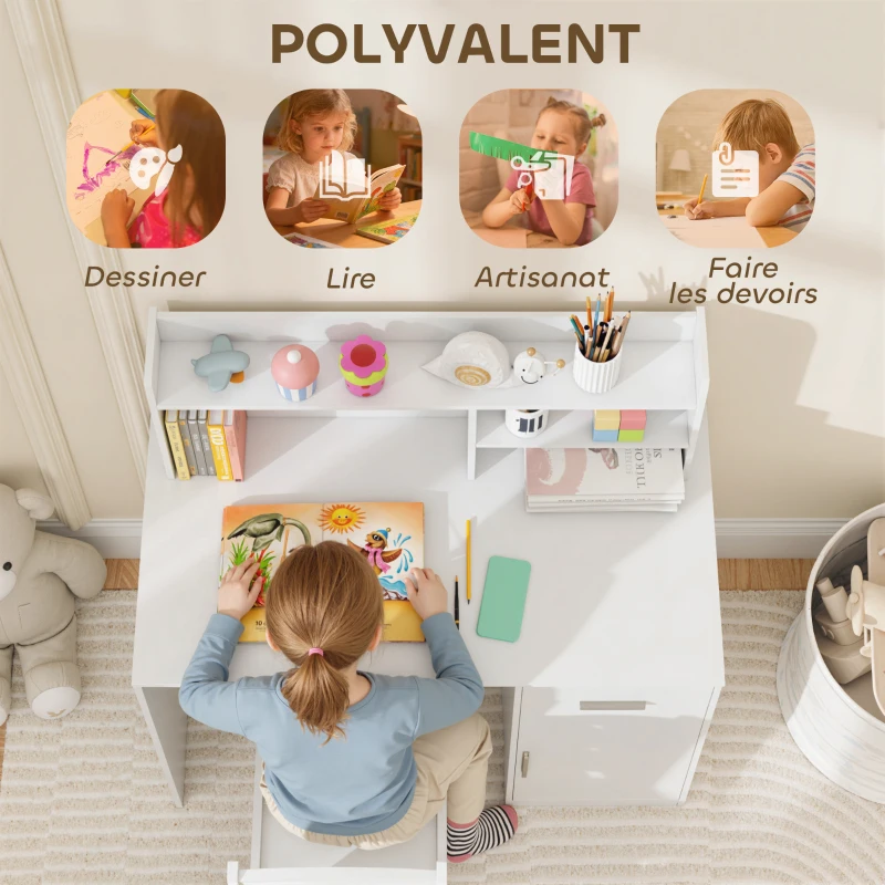 AIYAPLAY Bureau enfant avec chaise, table enfant et chaise, tiroir, placard, compartiments ouverts, tableau en liège, blanc