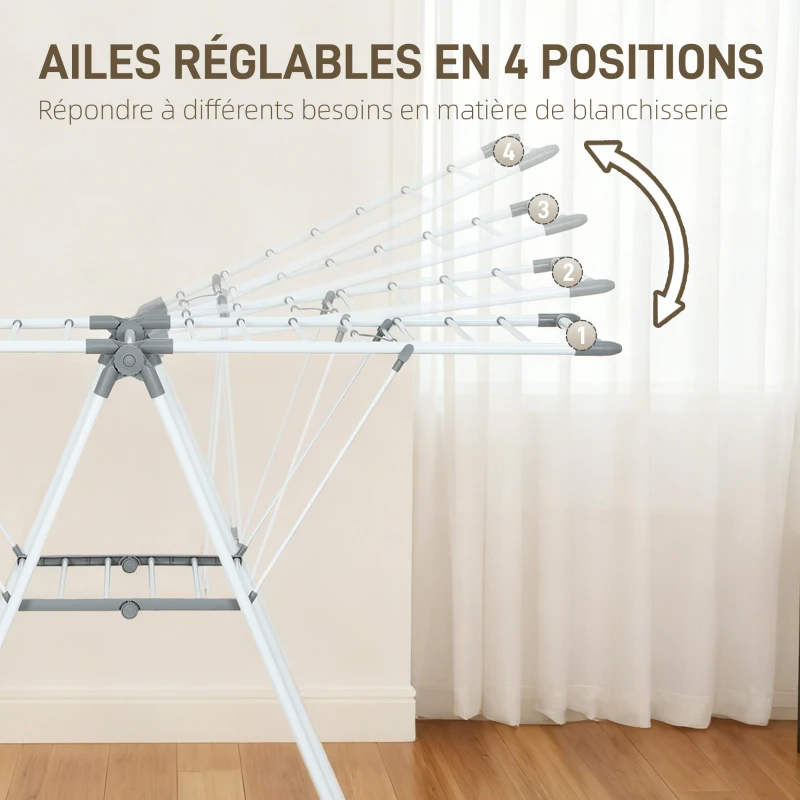 HOMCOM Séchoir à linge pliable étendoir linge intérieur avec bras articulés réglables en métal 156,5 x 61,5 x 97 cm blanc