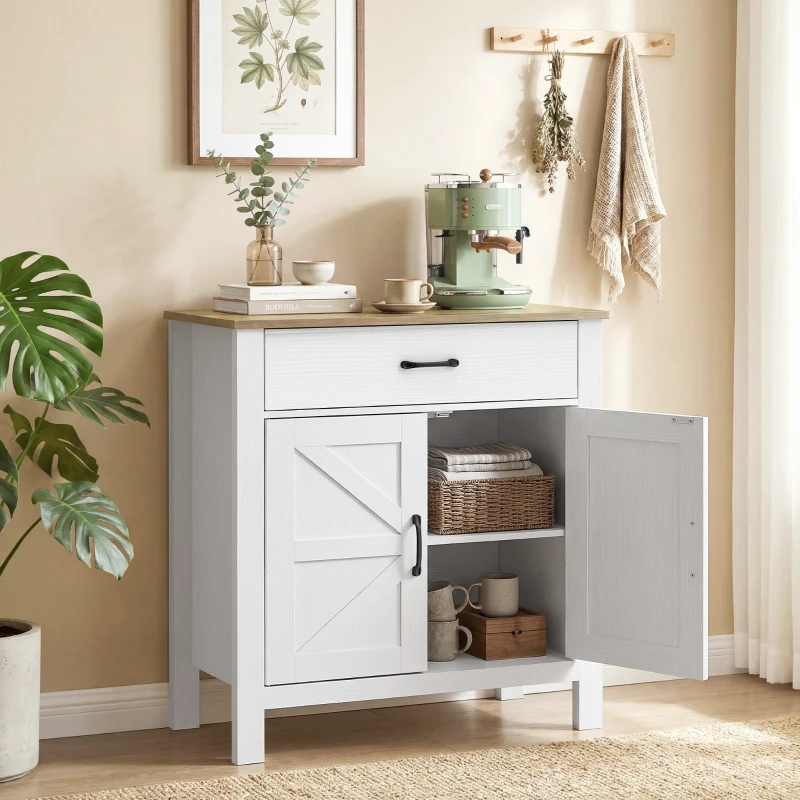 HOMCOM Sideboard Buffet-Schrank, Bauernhaus-Küchenschrank mit Schiebetüren und verstellbarem Regal, Weiß