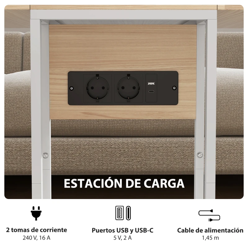 HOMCOM Mesa Auxiliar para Sofá con Encimera Plegable y Estación de Carga Forma de C para Salón Blanco y Natural