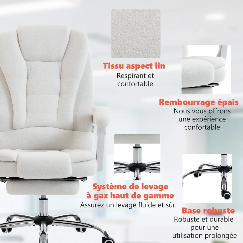 Vinsetto Fauteuil de bureau direction massant chauffant hauteur réglable dossier inclinable toile de lin blanc