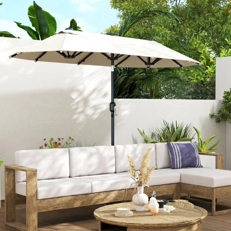Outsunny dubbele zonwering, terrasscherm, kantelbaar, met zonnepaneel, 35 LED's, stalen frame, beige, 2,95 x 1,50 x 2,19 m