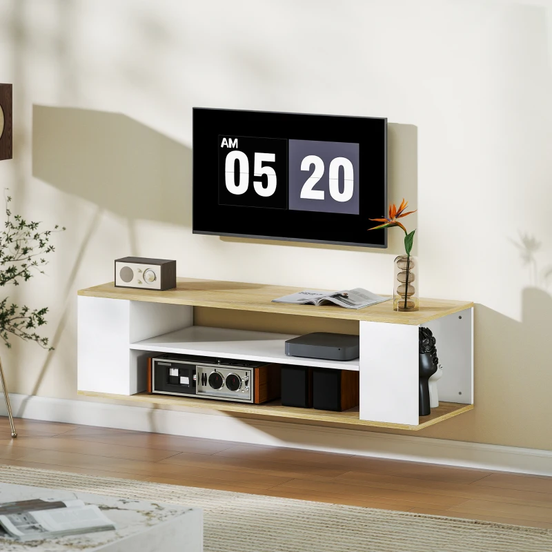 HOMCOM Meuble TV avec roulettes 120 cm, meuble télé pour téléviseur jusqu'à 55 pouces, 2 étagères ouvertes, blanc et naturel