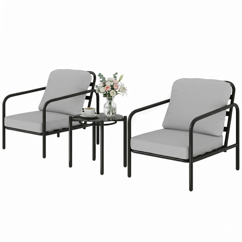 Outsunny Set da Giardino 3 Pezzi in Acciaio con 2 Sedie con Cuscini e Tavolino in Vetro Temperato, Nero