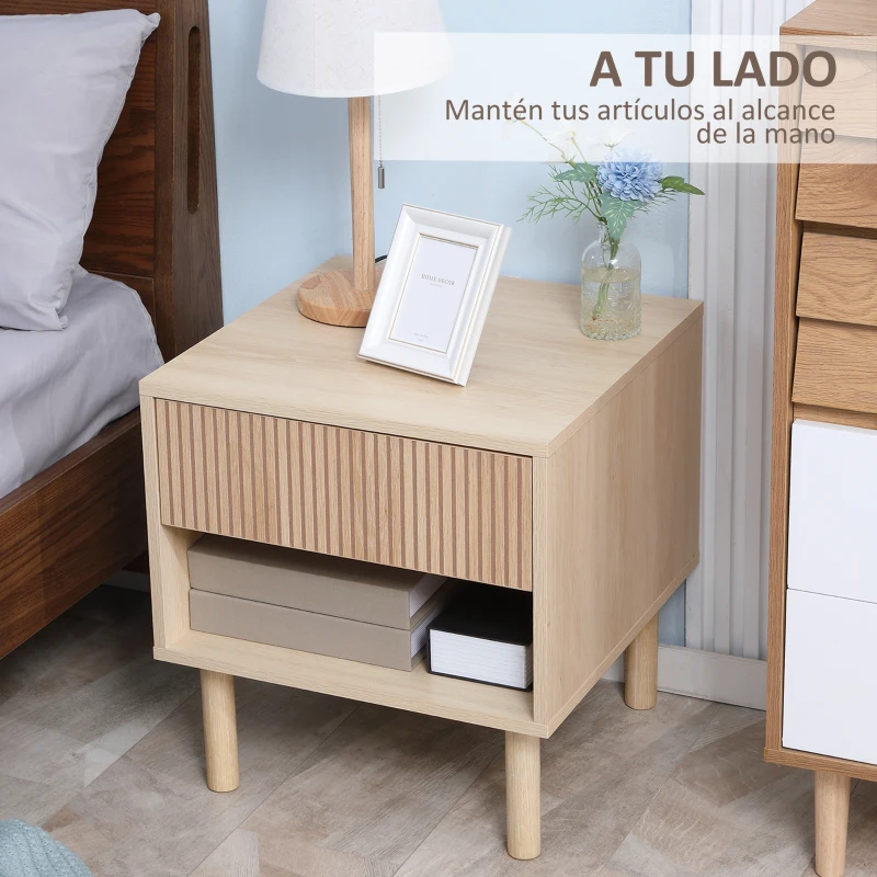 HOMCOM Mesita de Noche Mesilla de Noche con Cajón y Estante Abierto Estilo Moderno para Dormitorio 47x47x50 cm Madera Natural