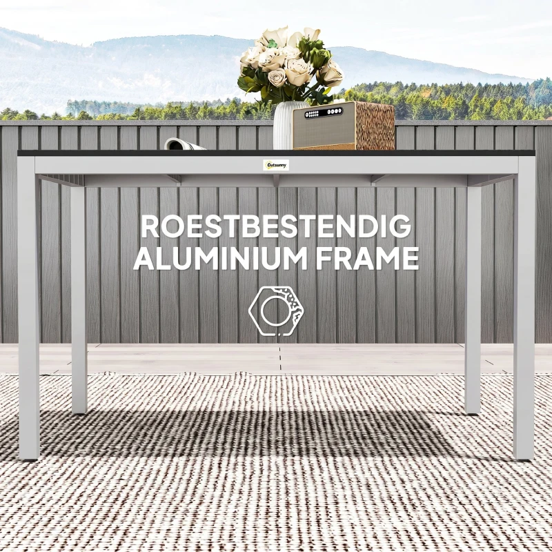 Outsunny Tuintafel Aluminium 120x70 cm Weerbestendig Balkontafel met Houtlook, voor 4-6 Personen Zwart