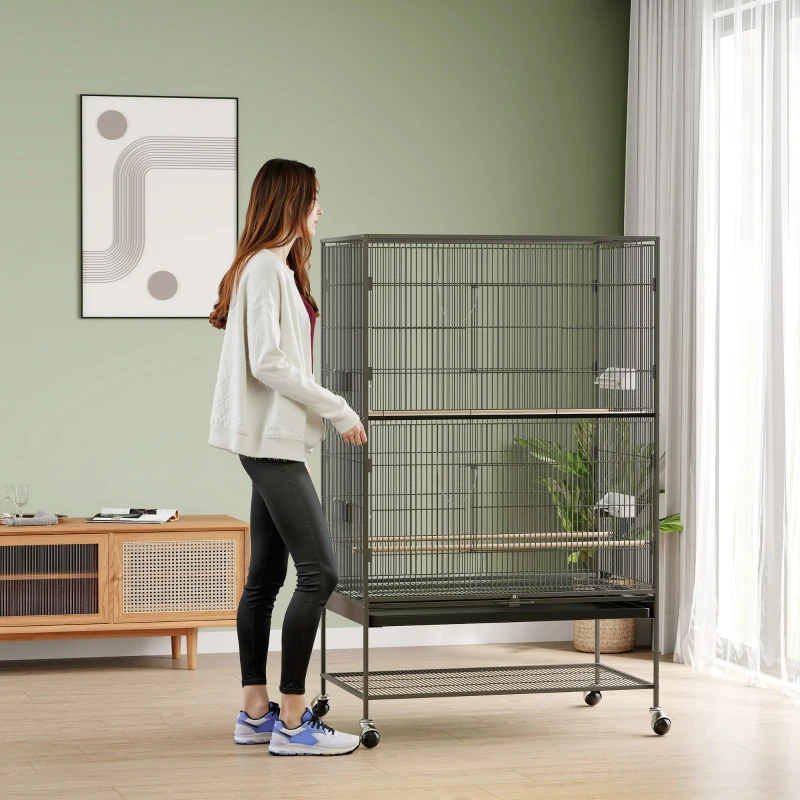 PawHut Vogelkäfig inklusive Sitzstangen, Vogelspielzeug, herausnehmbare Bodenwanne, 1 Ablage, Grau